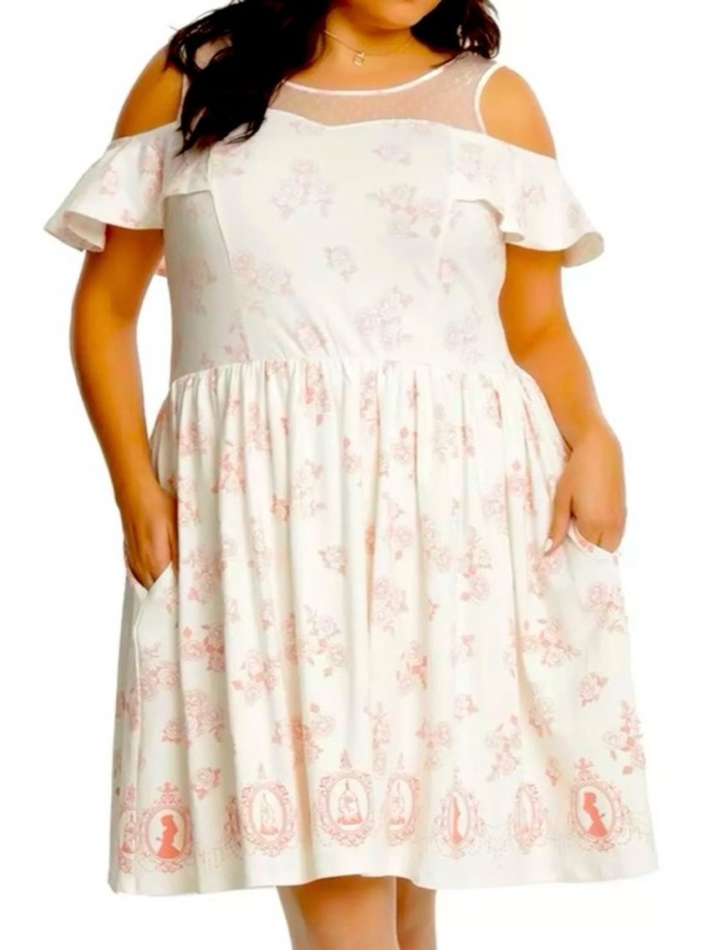 torrid Disney Beauty and the Beast Cream Midi Dress with Blush Pink Belle Print